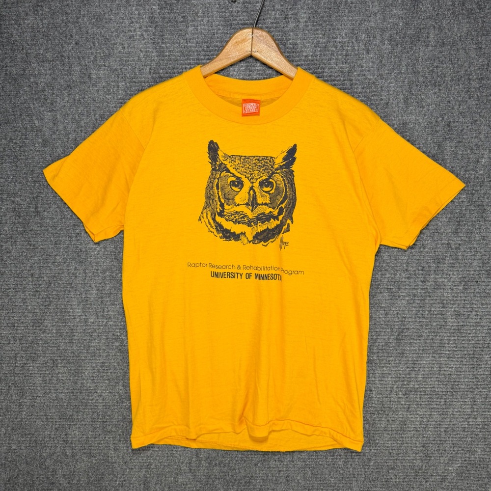 Vintage 80s University of Minnesota Raptor Research Owl T-Shirt Mens XL Yellow